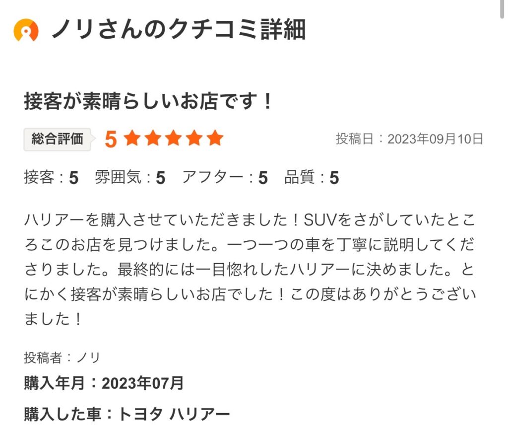 ハリアーご購入のお客様　カーセンサーより口コミ