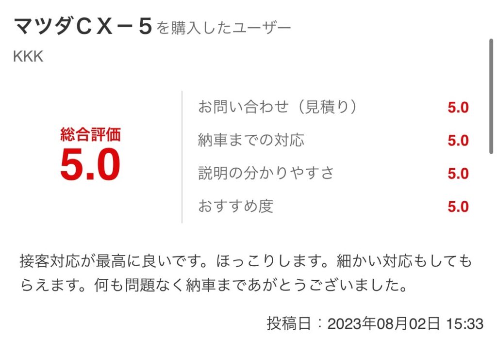 CX-5ご購入のお客様からの口コミグーネットスクショ