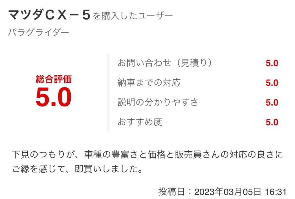 CX-５ご購入のお客様グーネット口コミスクショ