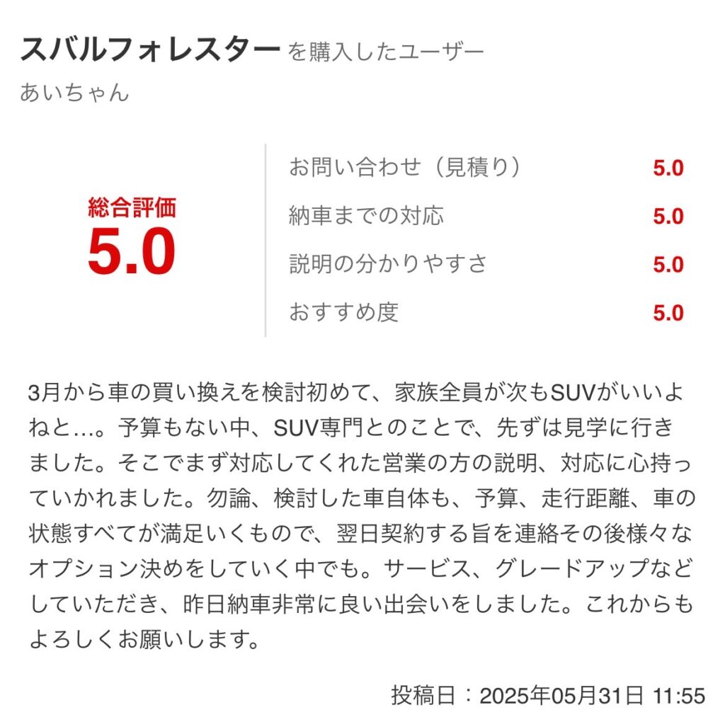 フォレスターご購入のお客様よりグーネット口コミスクショ