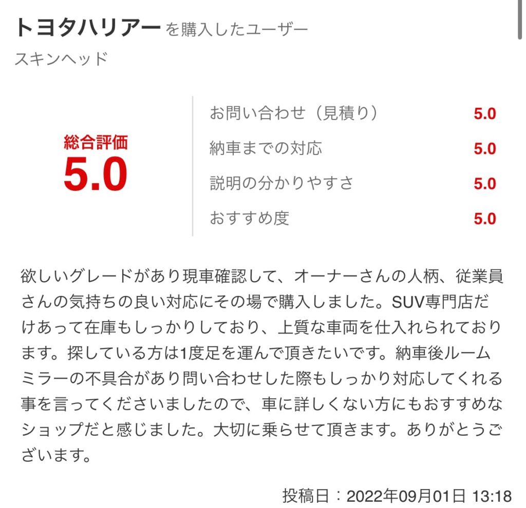 ハリアーご購入のお客様よりグーネット口コミスクショ