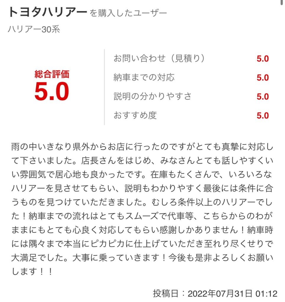 ハリアーご購入のお客様よりグーネット口コミスクショ