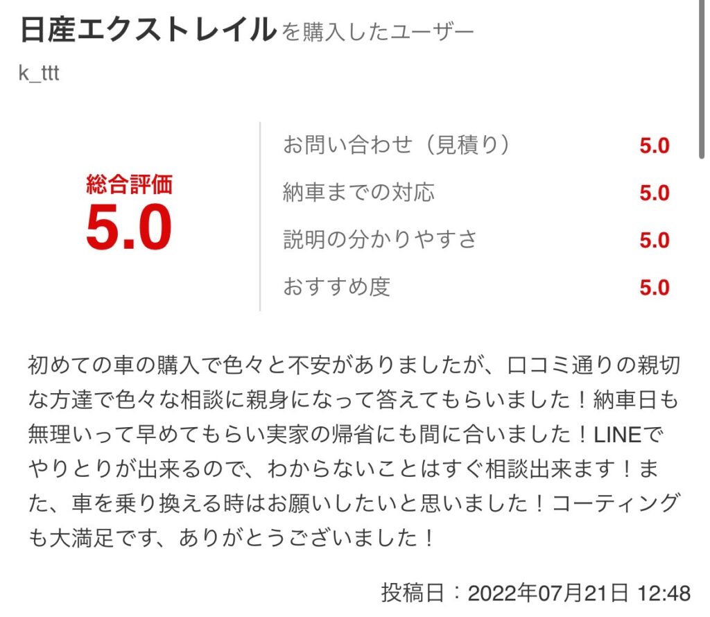 エクストレイルご購入のお客様よりグーネット口コミスクショ
