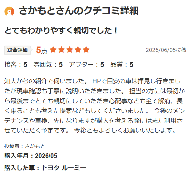 ルーミーご購入のお客様よりカーセンサー口コミスクショ