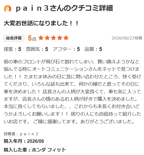 フィットご購入のお客様よりカーセンサー口コミスクショ